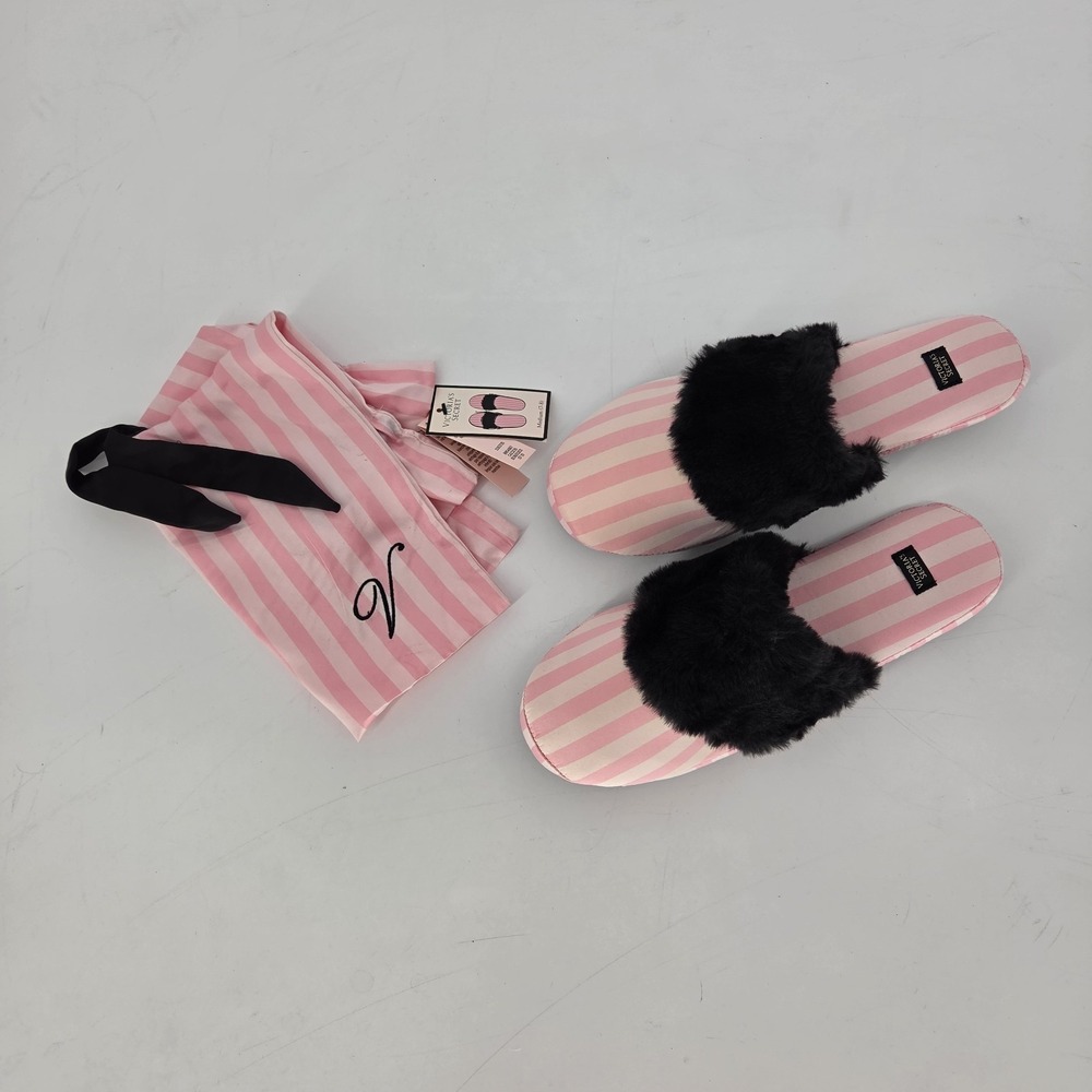 Victoria Secret Faux Fur Striped Slippers Size 7-8 Angel 90s Feminine Satin Pink
